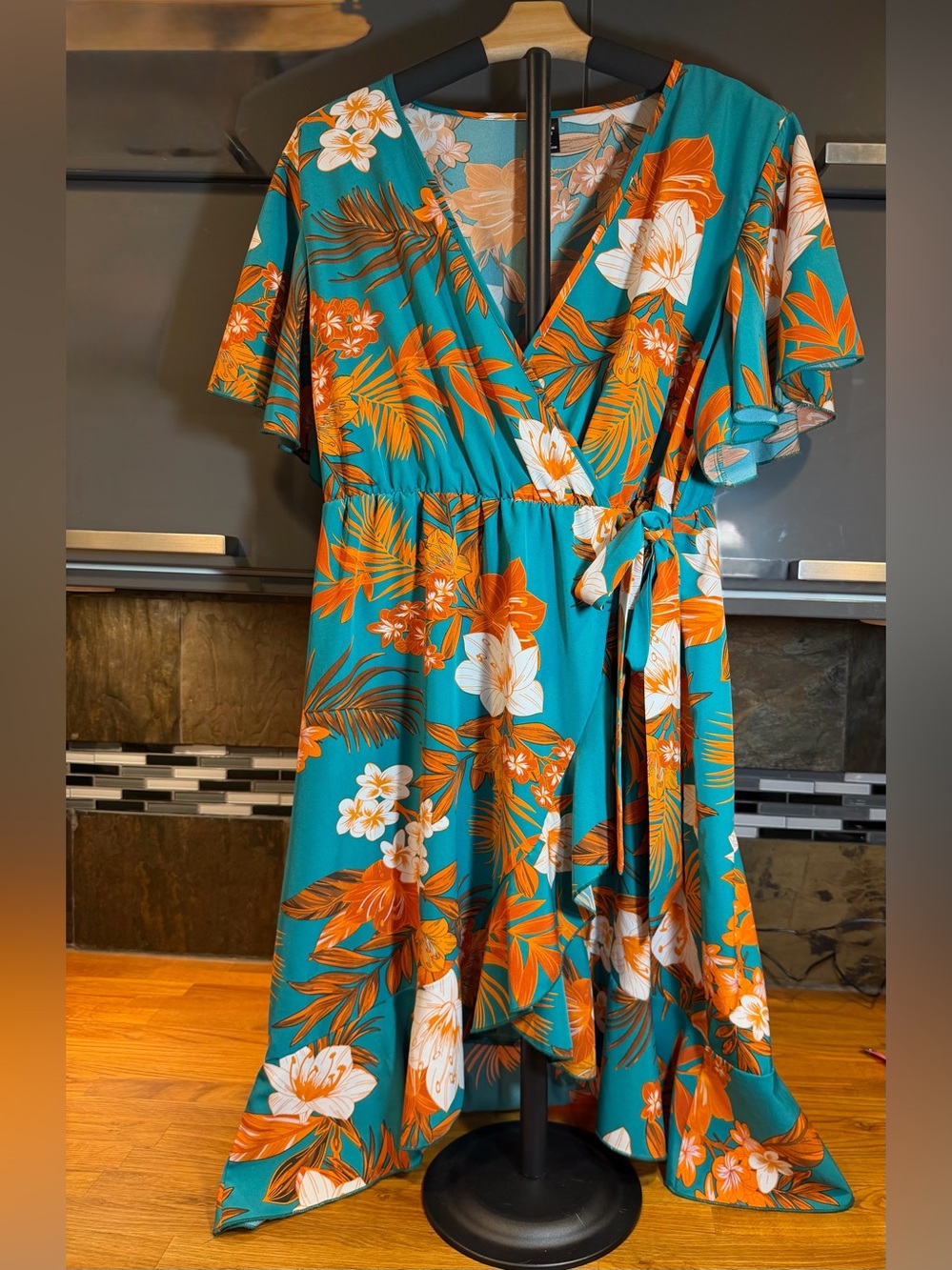 SHEIN Teal Floral Faux Wrap Dress with Orange and White Accents